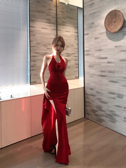 Red Three-Dimensional Flower Halter Party Dress Deep V Slit Evening Dress YM2115