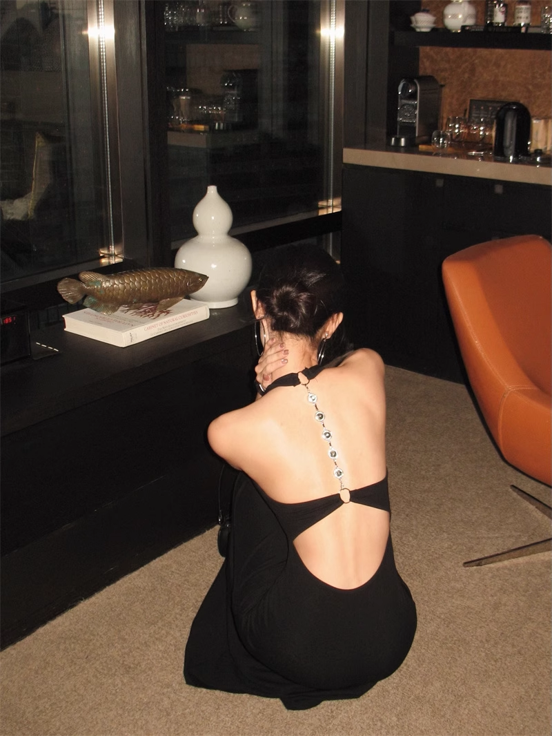 Black Halter Backless Long Party Dress Birthday Outfits YM2108