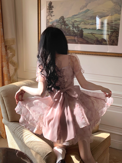 Sweet Pink Princess Organza Splicing Tie Waist Printed Puffy Prom Dress Birthday Party Dress YM2046