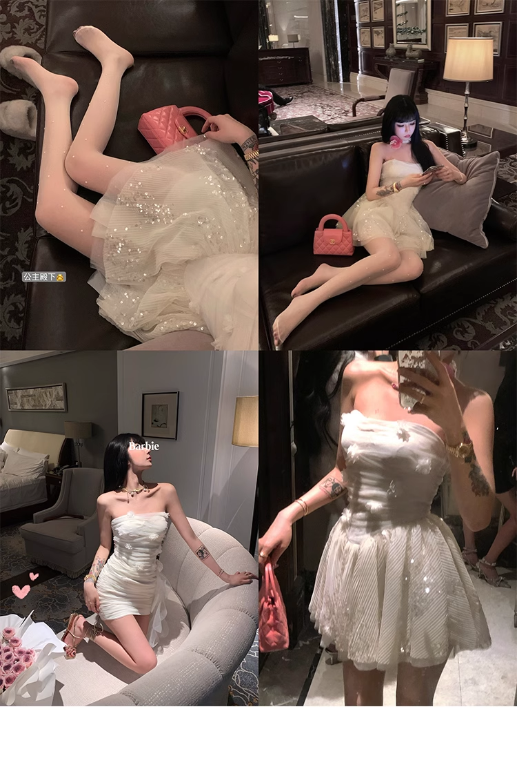 White Strapless Tulle Sequins Party Dress Birthday Outfits YM2005