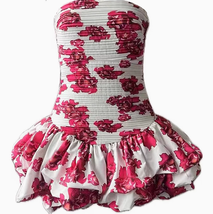 Blue Printed Floral Strapless Mini Party Dress Birthday Outfits YM2100