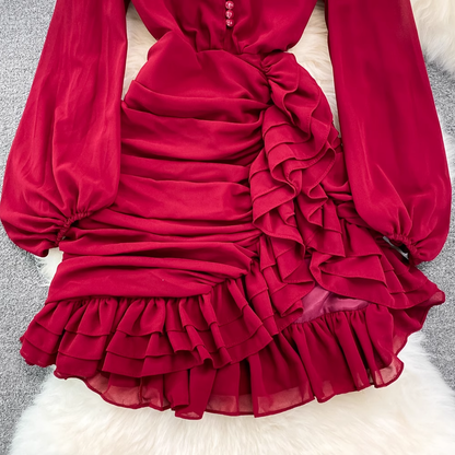 V Neck Irregular Ruffles Dress ,YM223