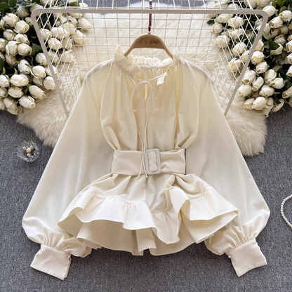 Women's Retro Court Style Waist Belt Ruffle Hem Blouses  YM317