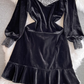 Long-sleeve stand-collar beaded panel ruffled velvet dress  YM1016
