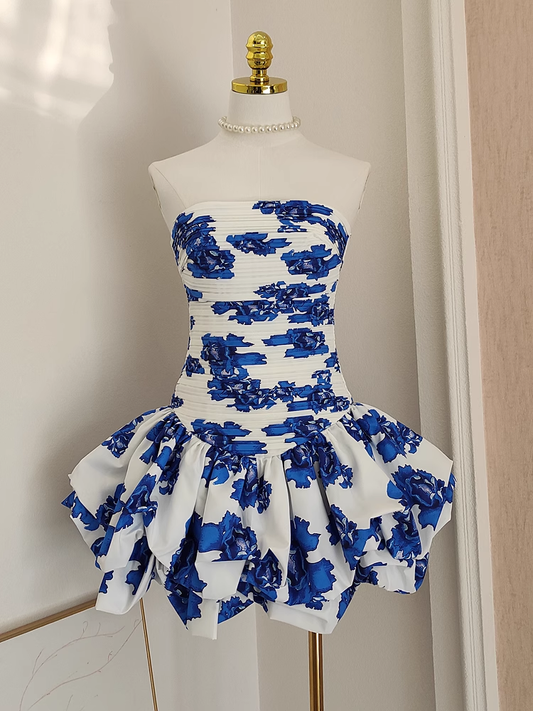 Blue Printed Floral Strapless Mini Party Dress Birthday Outfits YM2100