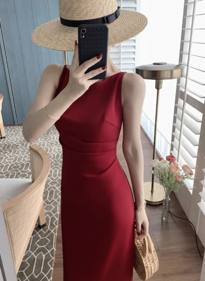 Retro one shoulder dress sleeveless suspender long party birthday dress YM1942