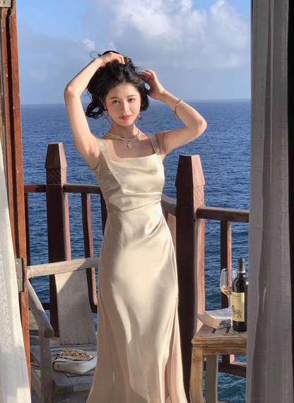 Classy Suspender Dress Sheath Satin French Long Dress  YM2054