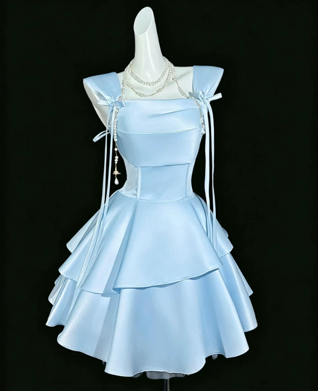 Blue Satin A Line Short Birthday Dress Vacation Dress YM2456