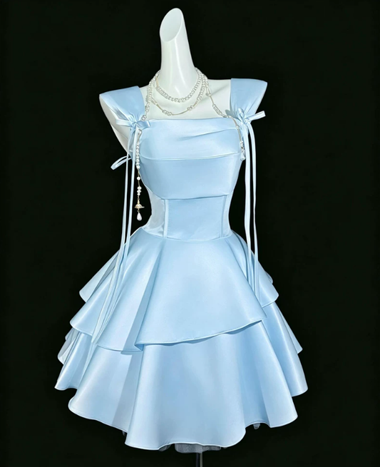 Blue Satin A Line Short Birthday Dress Vacation Dress YM2456