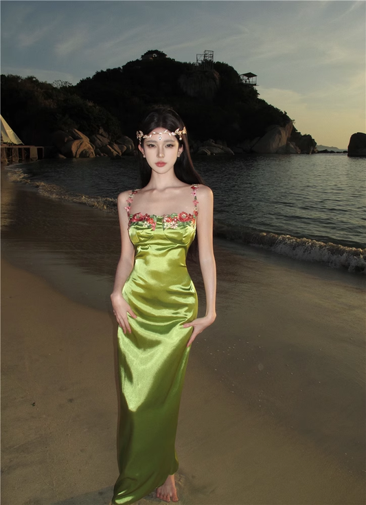 Long green satin party dress YM1034