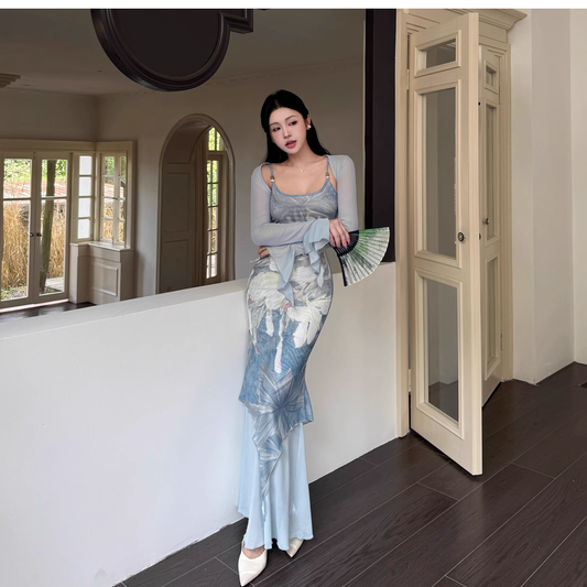 Elegant Blue Print Floral Straps Sheath Long Vacation Dress Holiday Dress Two Piece YM2274