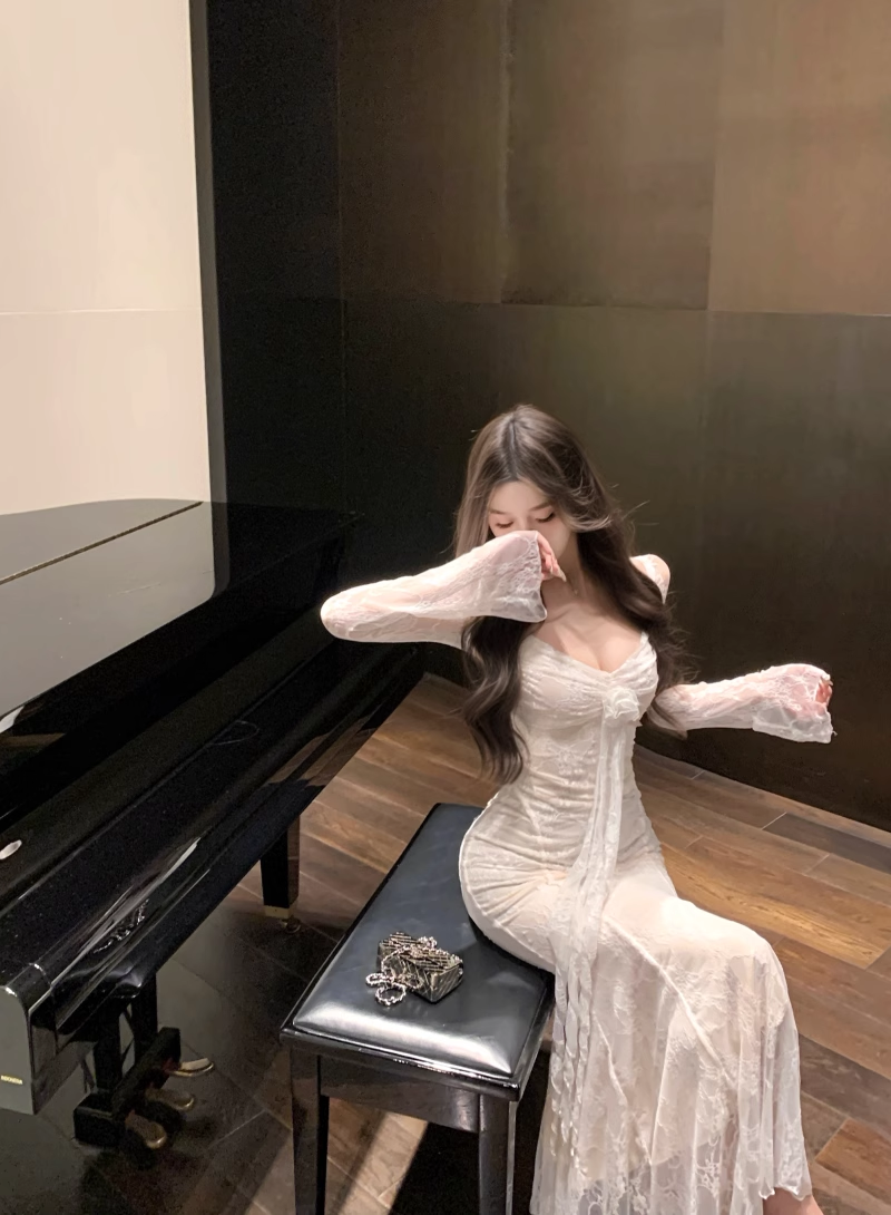 White Lace Splicing Dress Women's Long Mermaid Dress YM1816