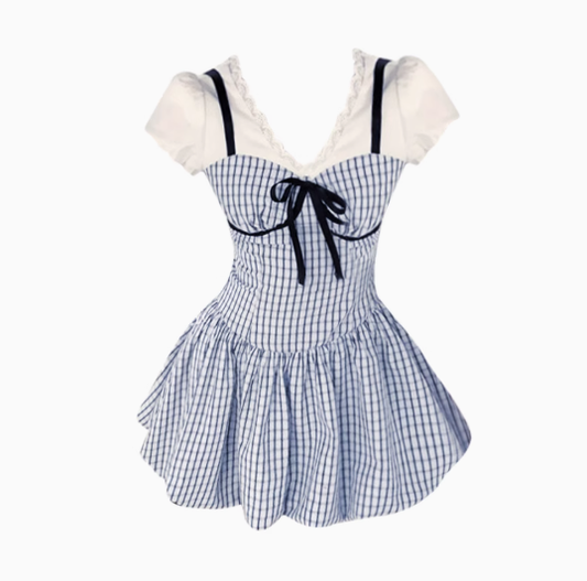 Sweet Blue Bowknot Fake Two-Piece V-Neck Vacation Dress A-Line Short Dress YM2161