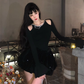 New Style Birthday Date Dress Off-shoulder Long-Sleeved Black Prom Dress YM1978