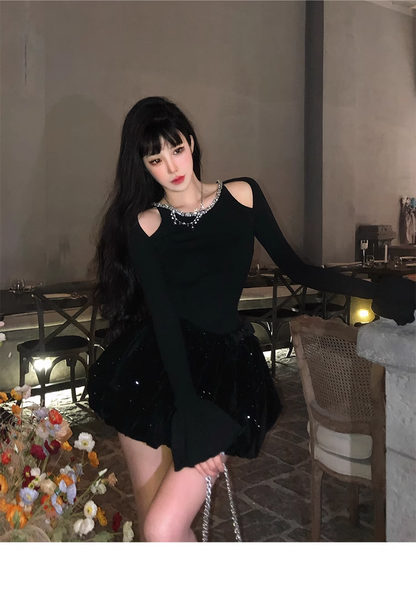New Style Birthday Date Dress Off-shoulder Long-Sleeved Black Prom Dress YM1978