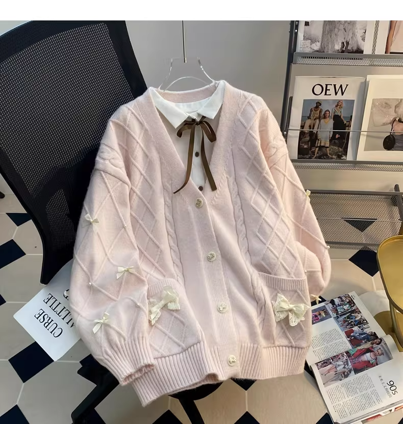Pink Preppy Style Bow Sweater Cardigan YM2454