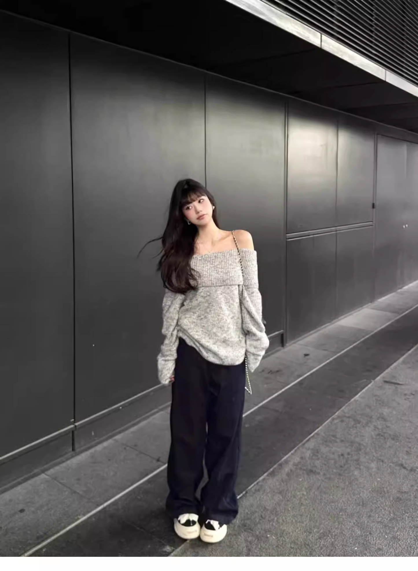 Gray Off-shoulder Pullover Sweater YM2398