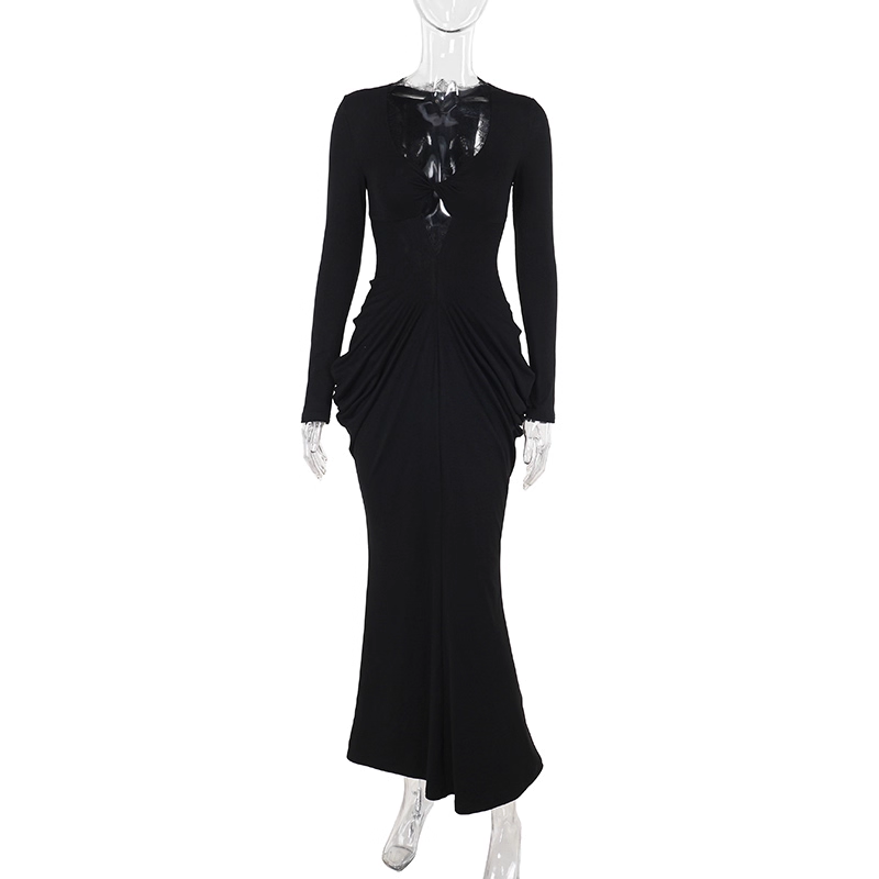 Sexy V Neck Long Sleeves Black Mermaid Long Party Dress Holiday Dress YM2253