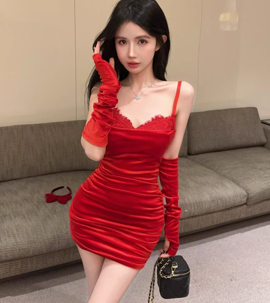 Red Sexy Strapless Short Holiday Dress Velvet Lace Suspender Mini Birthday Dress YM2342
