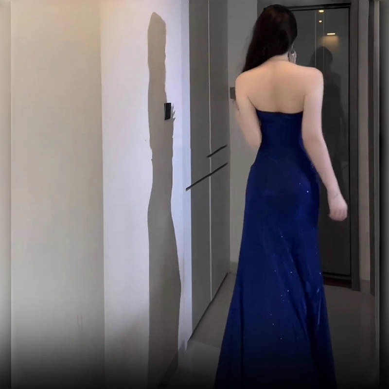 Sparkly Blue Strapless High Slit Long Party Dress Birthday Dress YM2207