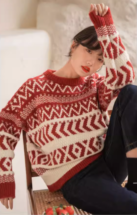 Retro Red New Year Sweater, Thick Christmas-style color-blocked Knitwear YM2417