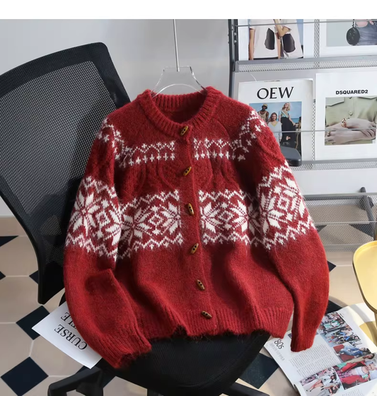 Vintage Fair Isle Jacquard Horn Button Red Sweater Coat YM2444