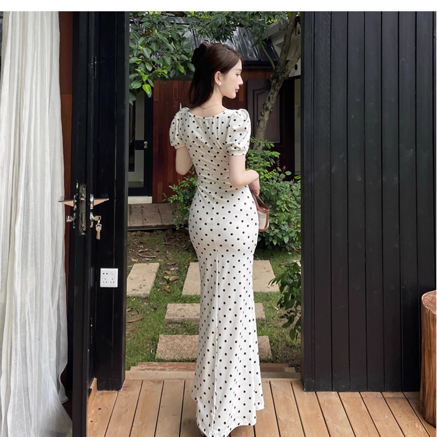Cute V Neck Polka Dot Mermaid Long Holiday Dress Vacation Dress YM2254