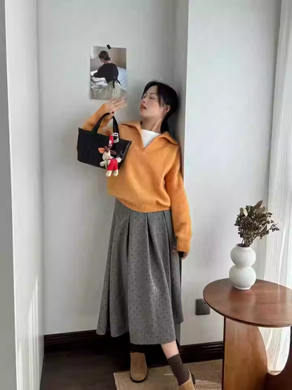 Green V-Neck Sweater With Thick Collar Knit Sweater YM2407