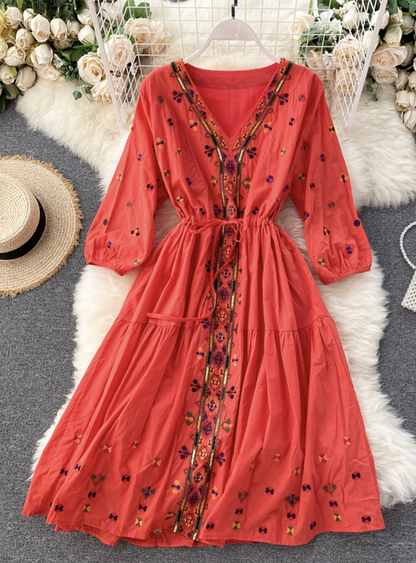 A Line V Neck Embroidery Summer Dress  YM442
