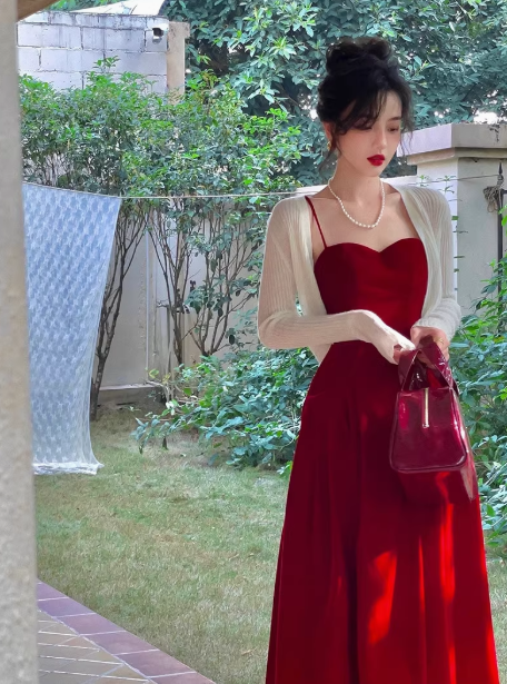 Retro chic stunning red suspender party dress two piece  YM1946