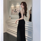Black v-neck slit long dress YM1254