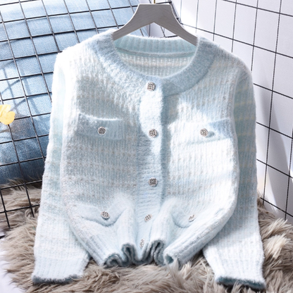 Blue Short Sweater Jacket Autumn And Winter Sweet Knitted Cardigan YM2365
