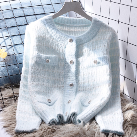 Blue Short Sweater Jacket Autumn And Winter Sweet Knitted Cardigan YM2365