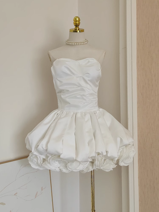 Classy White 3D Flower Pleated Mini Party Dress Strapless Birthday Dress YM2097
