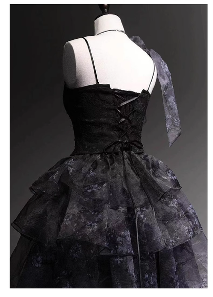 Vintage Black Strapless Tulle A Line Birthday Dress Long Lolita Party Dress YM2144