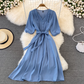 chic retro solid color ruffled mid-length square neck dress ,YM210
