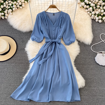 chic retro solid color ruffled mid-length square neck dress ,YM210