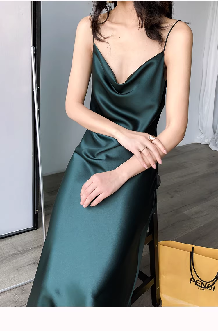 Elegant Dark Green Spaghetti Straps Satin Long Party Dress Holiday Dress YM2437