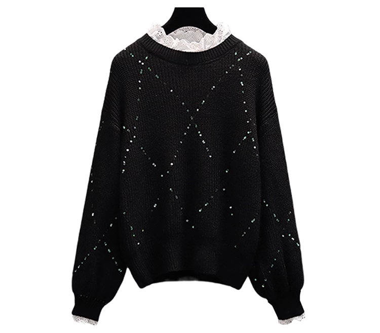 Black Lace Splicing Sweater Fashionable Fake Two-piece Loose Sweater YM2292
