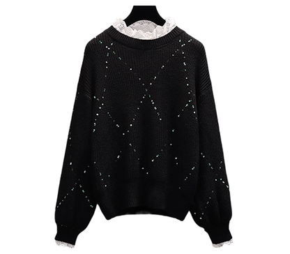 Black Lace Splicing Sweater Fashionable Fake Two-piece Loose Sweater YM2292