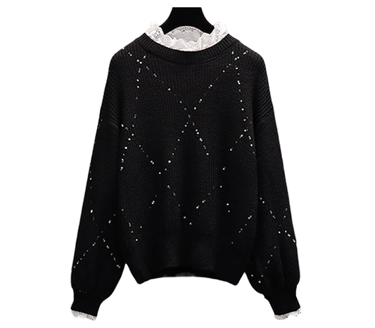 Black Lace Splicing Sweater Fashionable Fake Two-piece Loose Sweater YM2292