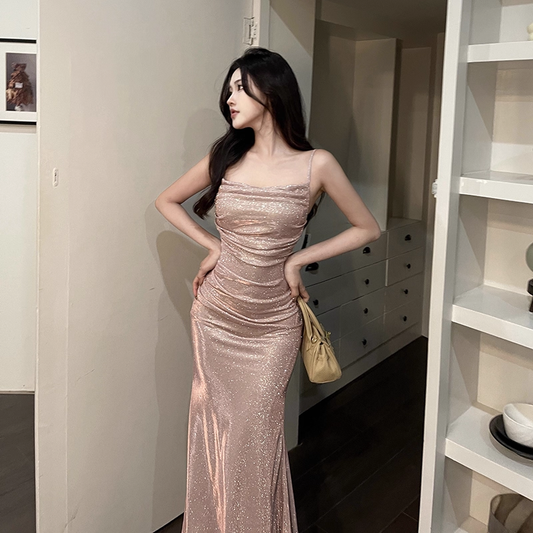 Sparkly Straps Sheath Mermaid Long Birthday Dress Pink Holiday Dress Vacation Dress YM2268