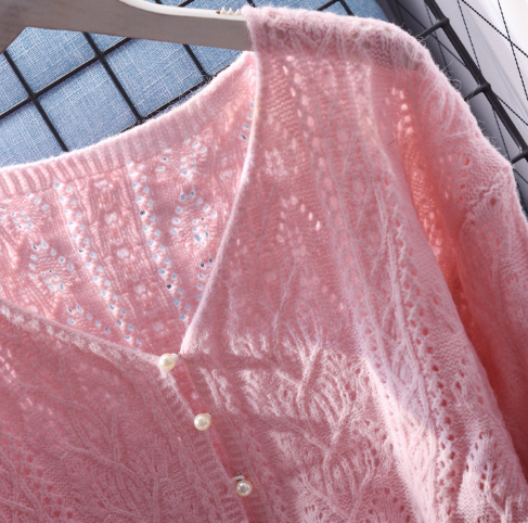 Sweet Japanese Style Knitted Sweater,Short V-neck Hollow Sweater Jacket For Women YM2344