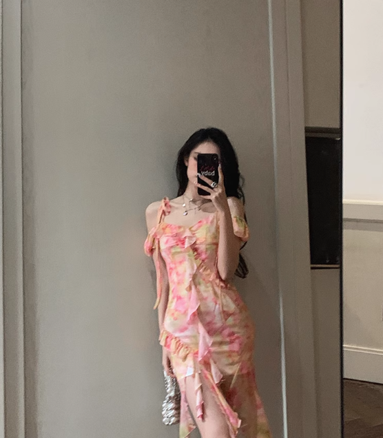 Pretty Spaghetti Straps Chiffon Print Floral Ruffle Party Dress Beach Dress YM2017