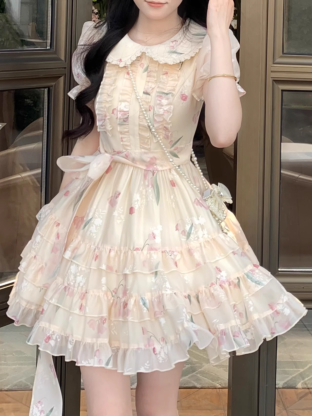 Sweet Tulip Print Baby Doll Neck Multi-Level Skirt Dress YM2032