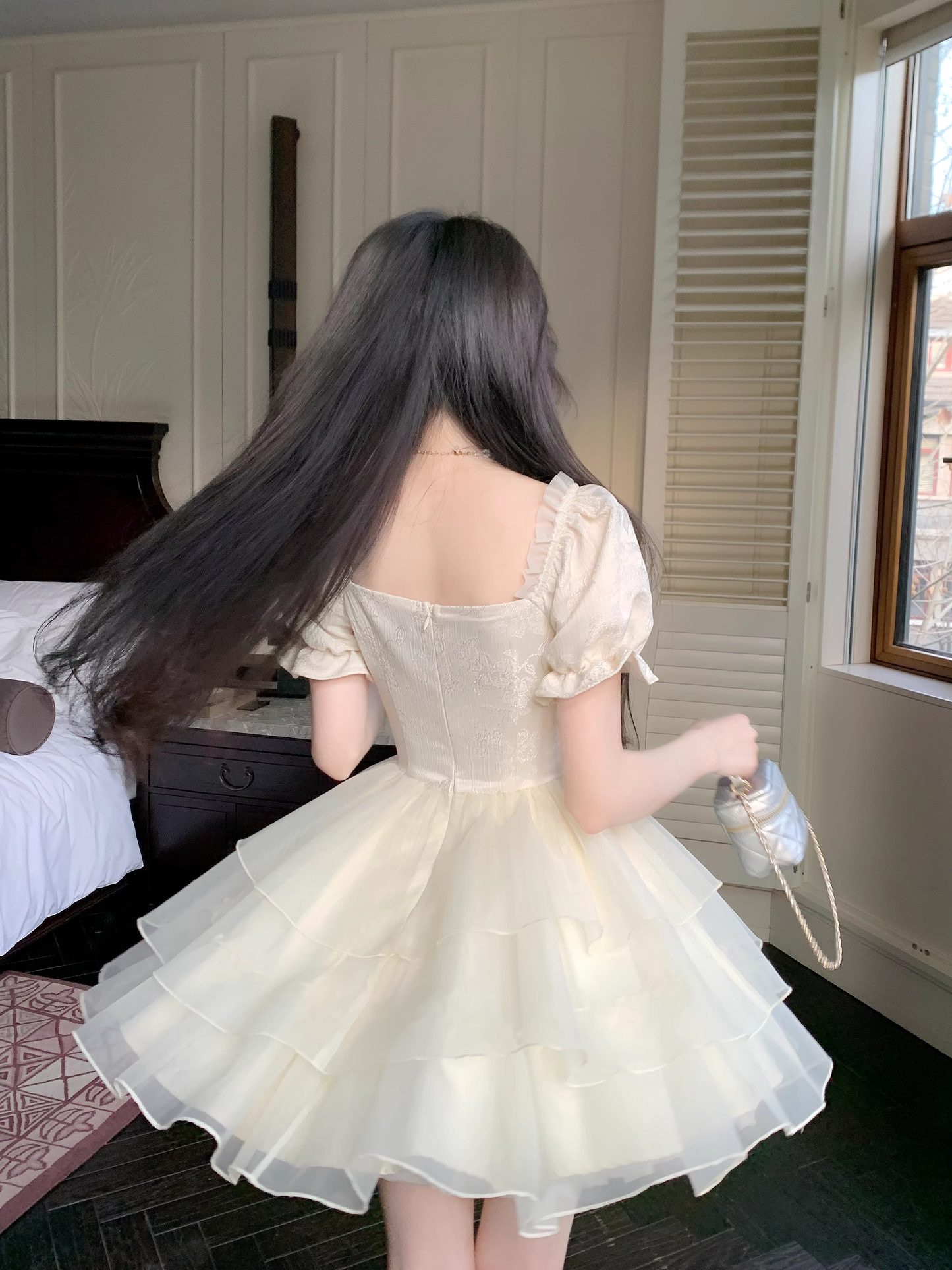 Sweet Apricot Princess Style Bowknot Organza Short Dress Puff Birthday Party Dress YM2031