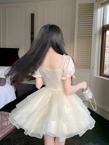 Sweet Apricot Princess Style Bowknot Organza Short Dress Puff Birthday Party Dress YM2031