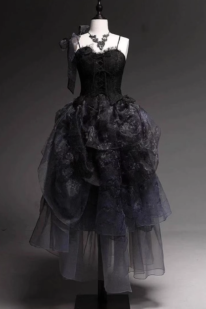Vintage Black Strapless Tulle A Line Birthday Dress Long Lolita Party Dress YM2144
