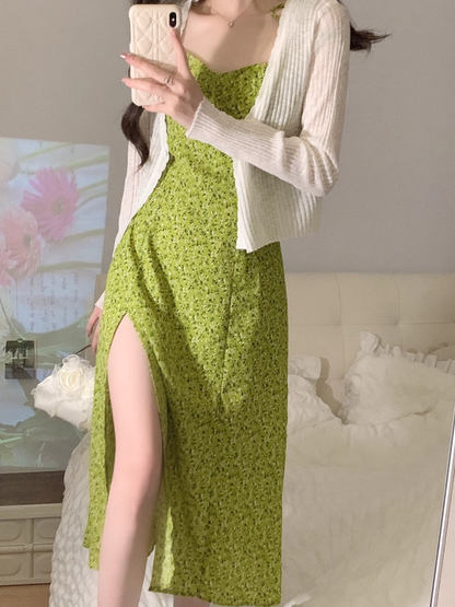 Green Suspender Holiday Dress Women's Summer New Seaside Floral Slit Vacation Dress YM2322