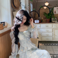 Blue Fairy-Like Ruffle Long-Sleeve Prom Dress Off The Shoulder Party Dress YM2042